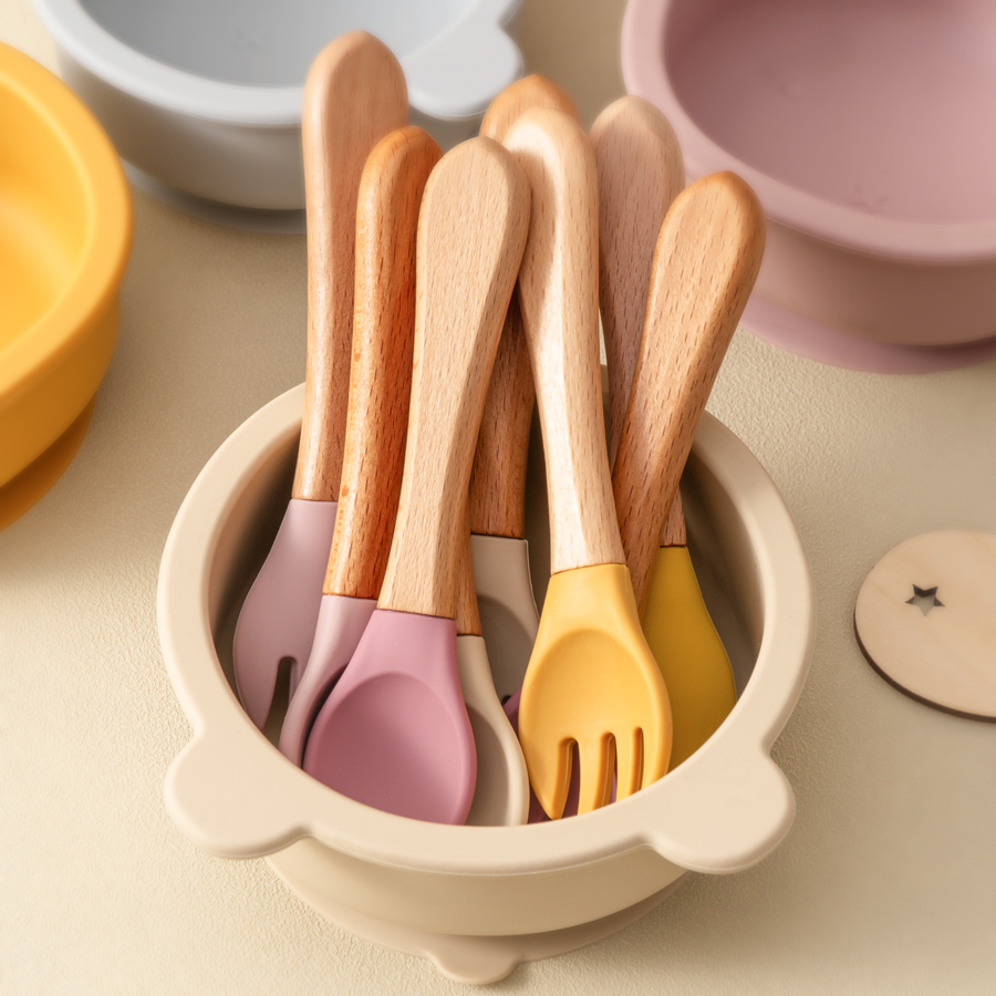 Baby Food Dispensing Spoon - Mamaplan Silikon Bebek Kaşık Çatal Ahşap